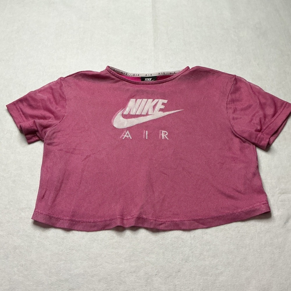 Nike Air Womens Pink Mesh Overlay Crop Top XS Short Sleeve Graphic Tee - Picture 3 of 8